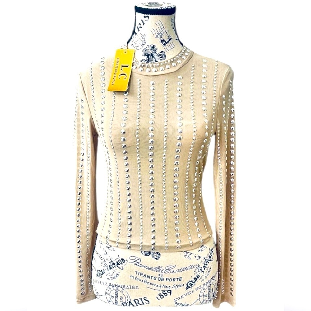 NWT! Lizette Collection Beige Sheer Studded Long Sleeve Top S